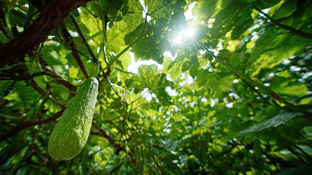 The Ridge gourd in summer, Bright sunlight pierces dense foliage, the air feels hot, natural color