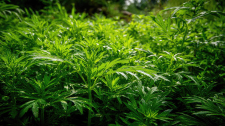 The Mugwort in summer, Bright sunlight pierces dense foliage, the air feels hot, natural colorの写真素材