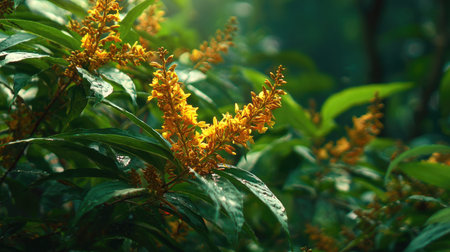 The Turmeric in summer, Bright sunlight pierces dense foliage, the air feels hot, natural color