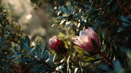The Protea in summer, Bright sunlight pierces dense foliage, the air feels hot, natural color