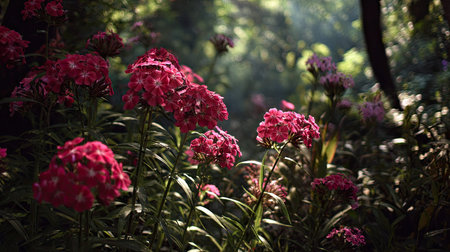 The Sweet William in summer, Bright sunlight pierces dense foliage, the air feels hot, natural color