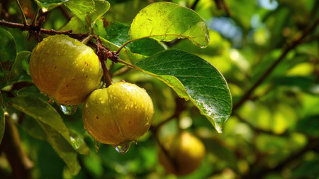 The Water apple in summer, Bright sunlight pierces dense foliage, the air feels hot, natural color