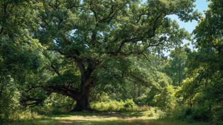 The White oak in summer, Bright sunlight pierces dense foliage, the air feels hot, natural colorの写真素材