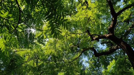 The Tamarind in summer, Bright sunlight pierces dense foliage, the air feels hot, natural color