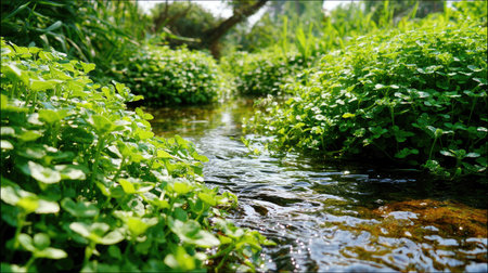 The Watercress in summer, Bright sunlight pierces dense foliage, the air feels hot, natural color