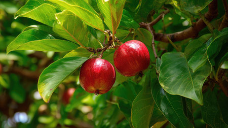 The Wax apple in summer, Bright sunlight pierces dense foliage, the air feels hot, natural colorの写真素材