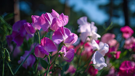 The Sweet pea in summer, Bright sunlight pierces dense foliage, the air feels hot, natural color
