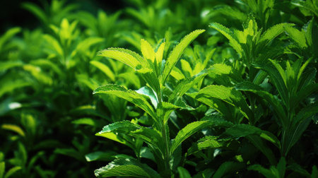 The Stevia in summer, Bright sunlight pierces dense foliage, the air feels hot, natural color