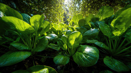 The Tatsoi in summer, Bright sunlight pierces dense foliage, the air feels hot, natural color