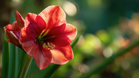 A sunlit portrait of a single Amaryllis, photographed outdoors on a clear, breezy day. Fresh, crisp air renders vivid detail in the leave veins glowing with gentle backlight. The background falls into a soft natural bokeh of greenery, colors true-to-life, organic beauty in pure sunlight.の写真素材