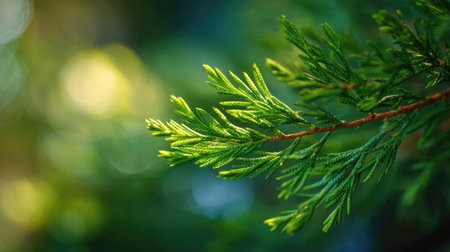 A sunlit portrait of a single Atlas cedar, photographed outdoors on a clear, breezy day. Fresh, crisp air renders vivid detail in the leave veins glowing with gentle backlight. The background falls into a soft natural bokeh of greenery, colors true-to-life, organic beauty in pure sunlight.の写真素材