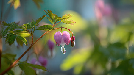 A sunlit portrait of a single Bleeding heart, photographed outdoors on a clear, breezy day. Fresh, crisp air renders vivid detail in the leave veins glowing with gentle backlight. The background falls into a soft natural bokeh of greenery, colors true-to-life, organic beauty in pure sunlight.の写真素材