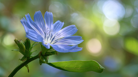 A sunlit portrait of a single Chicory, photographed outdoors on a clear, breezy day. Fresh, crisp air renders vivid detail in the leave veins glowing with gentle backlight. The background falls into a soft natural bokeh of greenery, colors true-to-life, organic beauty in pure sunlight.の写真素材
