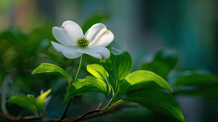 A sunlit portrait of a single Flowering dogwood, photographed outdoors on a clear, breezy day. Fresh, crisp air renders vivid detail in the leave veins glowing with gentle backlight. The background falls into a soft natural bokeh of greenery, colors true-to-life, organic beauty in pure sunlight.の写真素材