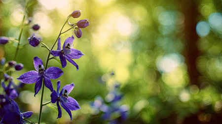 A sunlit portrait of a single Larkspur, photographed outdoors on a clear, breezy day. Fresh, crisp air renders vivid detail in the leave veins glowing with gentle backlight. The background falls into a soft natural bokeh of greenery, colors true-to-life, organic beauty in pure sunlight.の写真素材