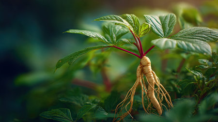 A sunlit portrait of a single Panax ginseng, photographed outdoors on a clear, breezy day. Fresh, crisp air renders vivid detail in the leave veins glowing with gentle backlight. The background falls into a soft natural bokeh of greenery, colors true-to-life, organic beauty in pure sunlight.の写真素材