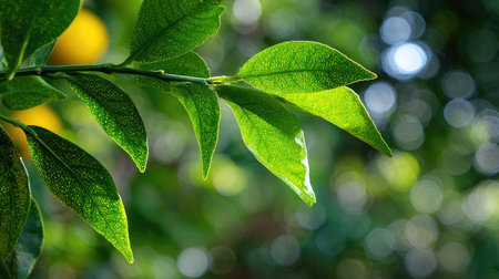 A sunlit portrait of a single Orange tree, photographed outdoors on a clear, breezy day. Fresh, crisp air renders vivid detail in the leave veins glowing with gentle backlight. The background falls into a soft natural bokeh of greenery, colors true-to-life, organic beauty in pure sunlight.の写真素材