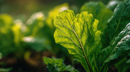 A sunlit portrait of a single Mustard greens, photographed outdoors on a clear, breezy day. Fresh, crisp air renders vivid detail in the leave veins glowing with gentle backlight. The background falls into a soft natural bokeh of greenery, colors true-to-life, organic beauty in pure sunlight.の写真素材