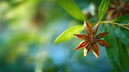 A sunlit portrait of a single Star anise, photographed outdoors on a clear, breezy day. Fresh, crisp air renders vivid detail in the leave veins glowing with gentle backlight. The background falls into a soft natural bokeh of greenery, colors true-to-life, organic beauty in pure sunlight.の写真素材