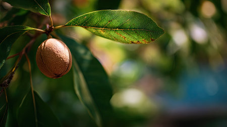 A sunlit portrait of a single Nutmeg, photographed outdoors on a clear, breezy day. Fresh, crisp air renders vivid detail in the leave veins glowing with gentle backlight. The background falls into a soft natural bokeh of greenery, colors true-to-life, organic beauty in pure sunlight.の写真素材