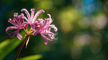 A sunlit portrait of a single Nerine, photographed outdoors on a clear, breezy day. Fresh, crisp air renders vivid detail in the leave veins glowing with gentle backlight. The background falls into a soft natural bokeh of greenery, colors true-to-life, organic beauty in pure sunlight.の写真素材