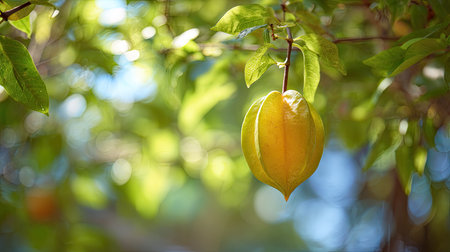 A sunlit portrait of a single Star fruit, photographed outdoors on a clear, breezy day. Fresh, crisp air renders vivid detail in the leave veins glowing with gentle backlight. The background falls into a soft natural bokeh of greenery, colors true-to-life, organic beauty in pure sunlight.の写真素材