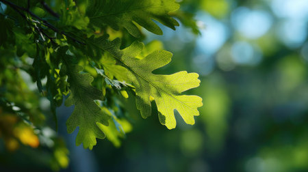 A sunlit portrait of a single White oak, photographed outdoors on a clear, breezy day. Fresh, crisp air renders vivid detail in the leave veins glowing with gentle backlight. The background falls into a soft natural bokeh of greenery, colors true-to-life, organic beauty in pure sunlight.の写真素材