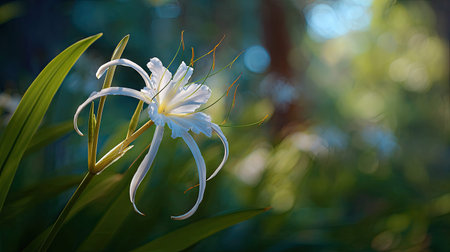 A sunlit portrait of a single Spider lily, photographed outdoors on a clear, breezy day. Fresh, crisp air renders vivid detail in the leave veins glowing with gentle backlight. The background falls into a soft natural bokeh of greenery, colors true-to-life, organic beauty in pure sunlight.の写真素材