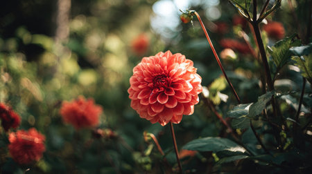 The Dahlia in summer, Bright sunlight pierces dense foliage, the air feels hot, natural colorの写真素材