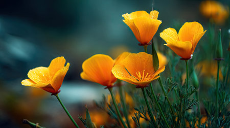 The Eschscholzia in summer, Bright sunlight pierces dense foliage, the air feels hot, natural colorの写真素材