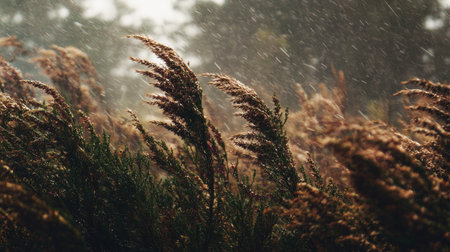 Heather in a storm, heavy rain pouring down, strong winds twisting their leavesの写真素材
