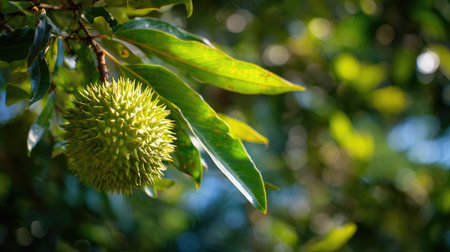 A sunlit portrait of a single Durian, photographed outdoors on a clear, breezy day. Fresh, crisp air renders vivid detail in the leave veins glowing with gentle backlight. The background falls into a soft natural bokeh of greenery, colors true-to-life, organic beauty in pure sunlight.の写真素材