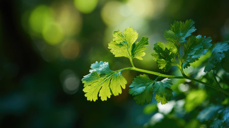 A sunlit portrait of a single Cilantro, photographed outdoors on a clear, breezy day. Fresh, crisp...