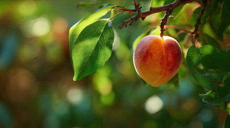 A sunlit portrait of a single Apricot, photographed outdoors on a clear, breezy day. Fresh, crisp air renders vivid detail in the leave veins glowing with gentle backlight. The background falls into a soft natural bokeh of greenery, colors true-to-life, organic beauty in pure sunlight.の写真素材