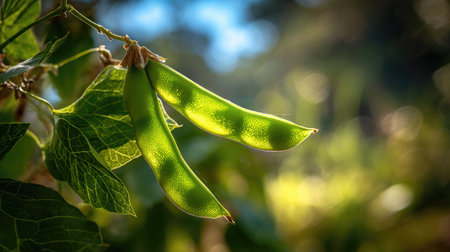 A sunlit portrait of a single Broad bean, photographed outdoors on a clear, breezy day. Fresh, crisp air renders vivid detail in the leave veins glowing with gentle backlight. The background falls into a soft natural bokeh of greenery, colors true-to-life, organic beauty in pure sunlight.の写真素材