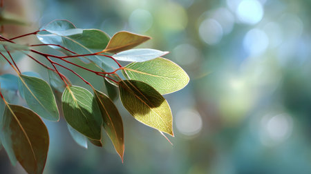 A sunlit portrait of a single Eucalyptus, photographed outdoors on a clear, breezy day. Fresh, crisp air renders vivid detail in the leave veins glowing with gentle backlight. The background falls into a soft natural bokeh of greenery, colors true-to-life, organic beauty in pure sunlight.の写真素材