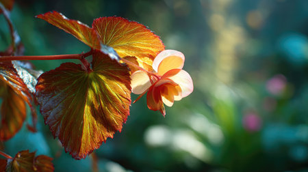 A sunlit portrait of a single Begonia, photographed outdoors on a clear, breezy day. Fresh, crisp air renders vivid detail in the leave veins glowing with gentle backlight. The background falls into a soft natural bokeh of greenery, colors true-to-life, organic beauty in pure sunlight.の写真素材