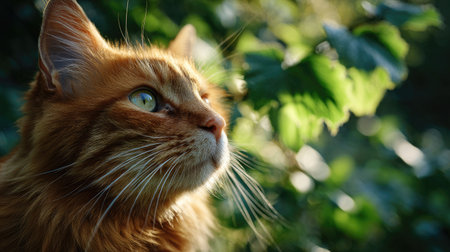 A sunlit portrait of a single ginger, photographed outdoors on a clear, breezy day. Fresh, crisp air renders vivid detail in the leave veins glowing with gentle backlight. The background falls into a soft natural bokeh of greenery, colors true-to-life, organic beauty in pure sunlight.の写真素材