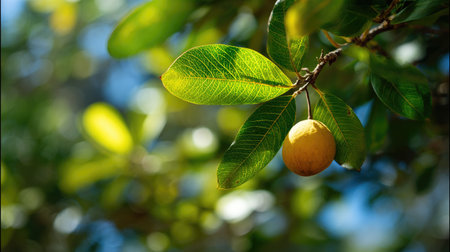 A sunlit portrait of a single Lucuma, photographed outdoors on a clear, breezy day. Fresh, crisp air renders vivid detail in the leave veins glowing with gentle backlight. The background falls into a soft natural bokeh of greenery, colors true-to-life, organic beauty in pure sunlight.の写真素材