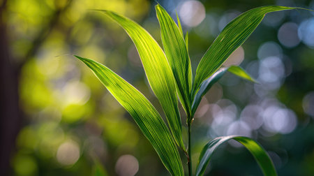 A sunlit portrait of a single Sugarcane, photographed outdoors on a clear, breezy day. Fresh, crisp air renders vivid detail in the leave veins glowing with gentle backlight. The background falls into a soft natural bokeh of greenery, colors true-to-life, organic beauty in pure sunlight.の写真素材