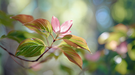 A sunlit portrait of a single Dogwood, photographed outdoors on a clear, breezy day. Fresh, crisp air renders vivid detail in the leave veins glowing with gentle backlight. The background falls into a soft natural bokeh of greenery, colors true-to-life, organic beauty in pure sunlight.の写真素材