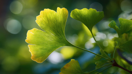 A sunlit portrait of a single Ginkgo, photographed outdoors on a clear, breezy day. Fresh, crisp air...