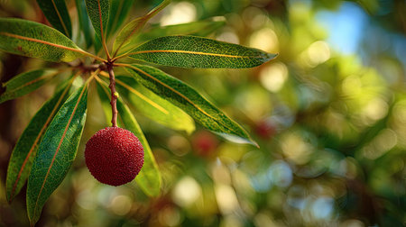 A sunlit portrait of a single Quandong, photographed outdoors on a clear, breezy day. Fresh, crisp air renders vivid detail in the leave veins glowing with gentle backlight. The background falls into a soft natural bokeh of greenery, colors true-to-life, organic beauty in pure sunlight.の写真素材