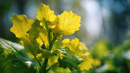 A sunlit portrait of a single Mustard, photographed outdoors on a clear, breezy day. Fresh, crisp air renders vivid detail in the leave veins glowing with gentle backlight. The background falls into a soft natural bokeh of greenery, colors true-to-life, organic beauty in pure sunlight.の写真素材