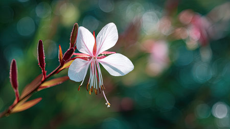 A sunlit portrait of a single Gaura, photographed outdoors on a clear, breezy day. Fresh, crisp air renders vivid detail in the leave veins glowing with gentle backlight. The background falls into a soft natural bokeh of greenery, colors true-to-life, organic beauty in pure sunlight.の写真素材