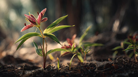 Gloriosa lily with small fresh leaves, growing upright in fertile soil, sunlight filtering gently, realistic textures, vibrant green tones, natural photography style, wide balanced composition for timelapse video.の写真素材