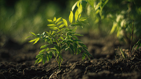 Green ash with small fresh leaves, growing upright in fertile soil, sunlight filtering gently, realistic textures, vibrant green tones, natural photography style, wide balanced composition for timelapse video.の写真素材