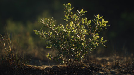Live oak with small fresh leaves, growing upright in fertile soil, sunlight filtering gently, realistic textures, vibrant green tones, natural photography style, wide balanced composition for timelapse video.の写真素材