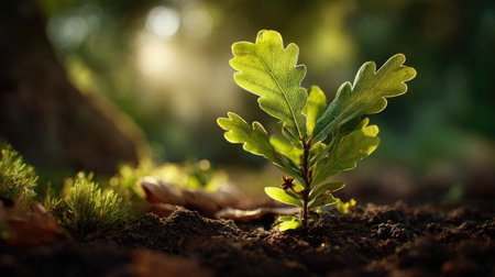 Oak with small fresh leaves, growing upright in fertile soil, sunlight filtering gently, realistic textures, vibrant green tones, natural photography style, wide balanced composition for timelapse video.の写真素材
