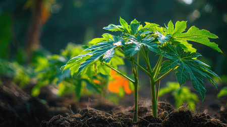 Papaya tree with small fresh leaves, growing upright in fertile soil, sunlight filtering gently, realistic textures, vibrant green tones, natural photography style, wide balanced composition for timelapse video.の写真素材